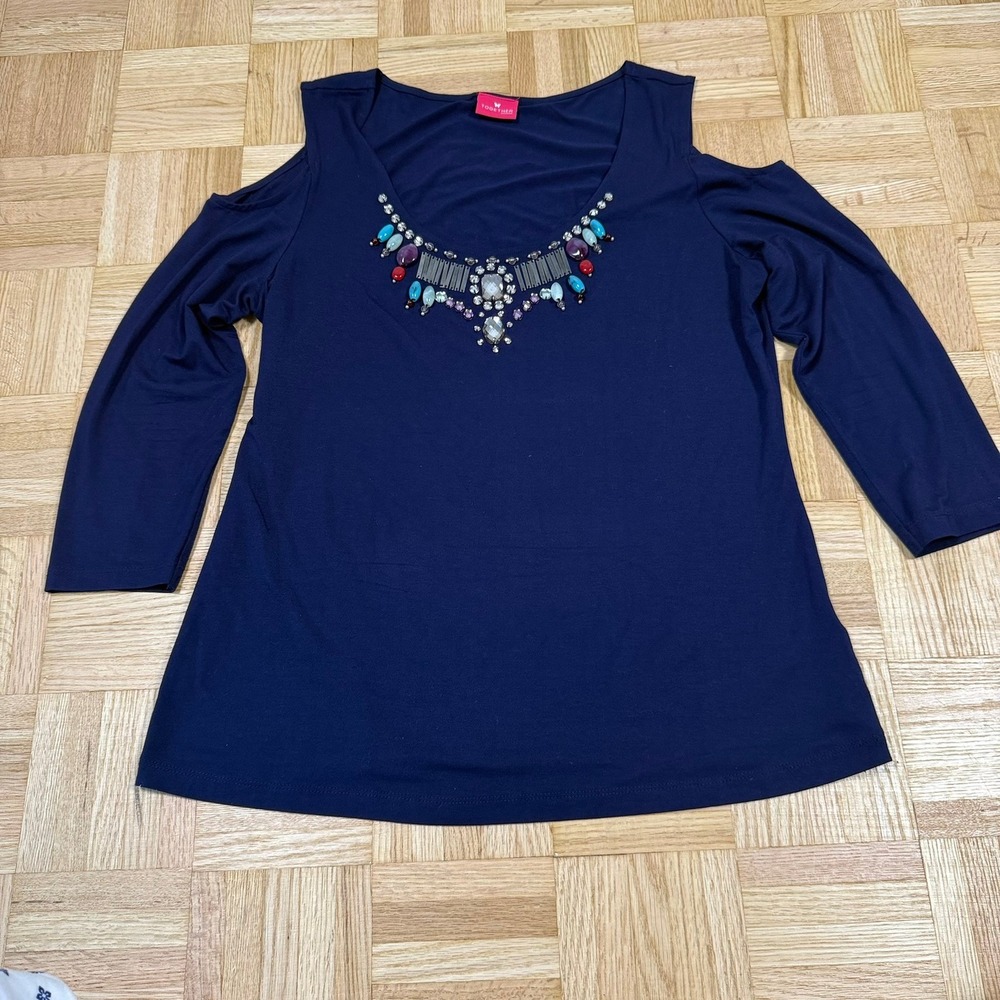 ✨3 for $20 Together Navy Blue Cold Shoulder Embellished V-Neck 3/4 Sleeve Top M
